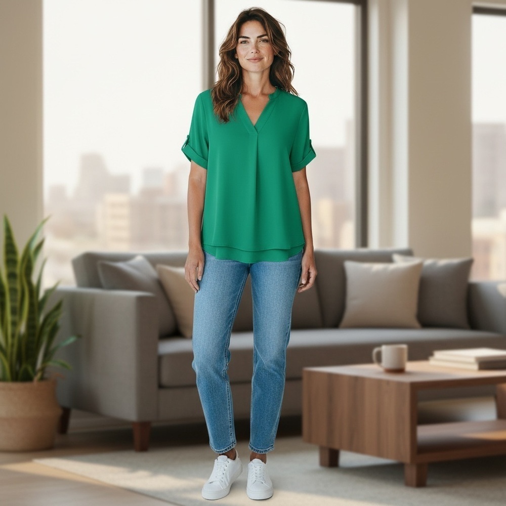 Fabulous Teal V-Neck Blouse - Size Ladies Large, Shortsleeved Top